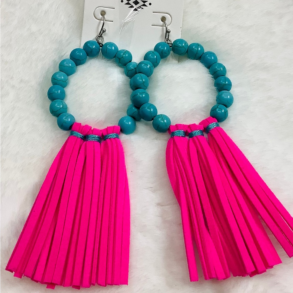 Vibrant Pink and Turquoise Beaded with Tassels Western Earrings